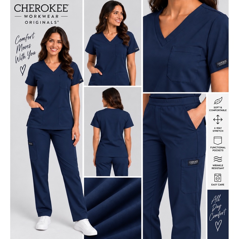 Cherokee Workwear Originals Women Scrub Set Navy Blue V-Neck Cargo Pants Medium